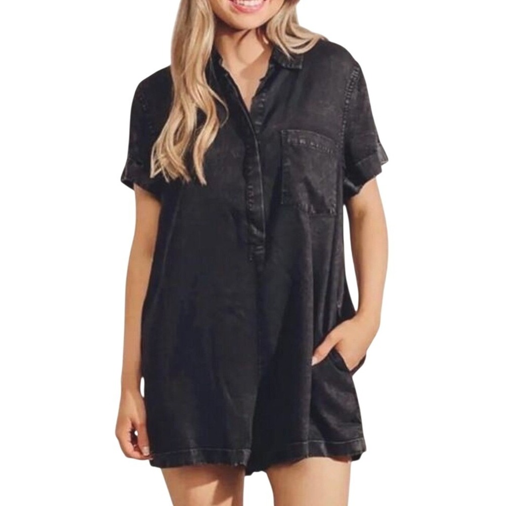 Zenana Outfitters Black acid wash Chambray Tencel Romper DPW-7273Y Small